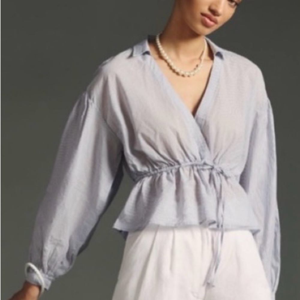 Pilcro Light Blue Wrap Drawstring Peplum Blouse